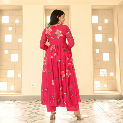 Sakhi Fashions Pink Organza Handpainted Suit Set