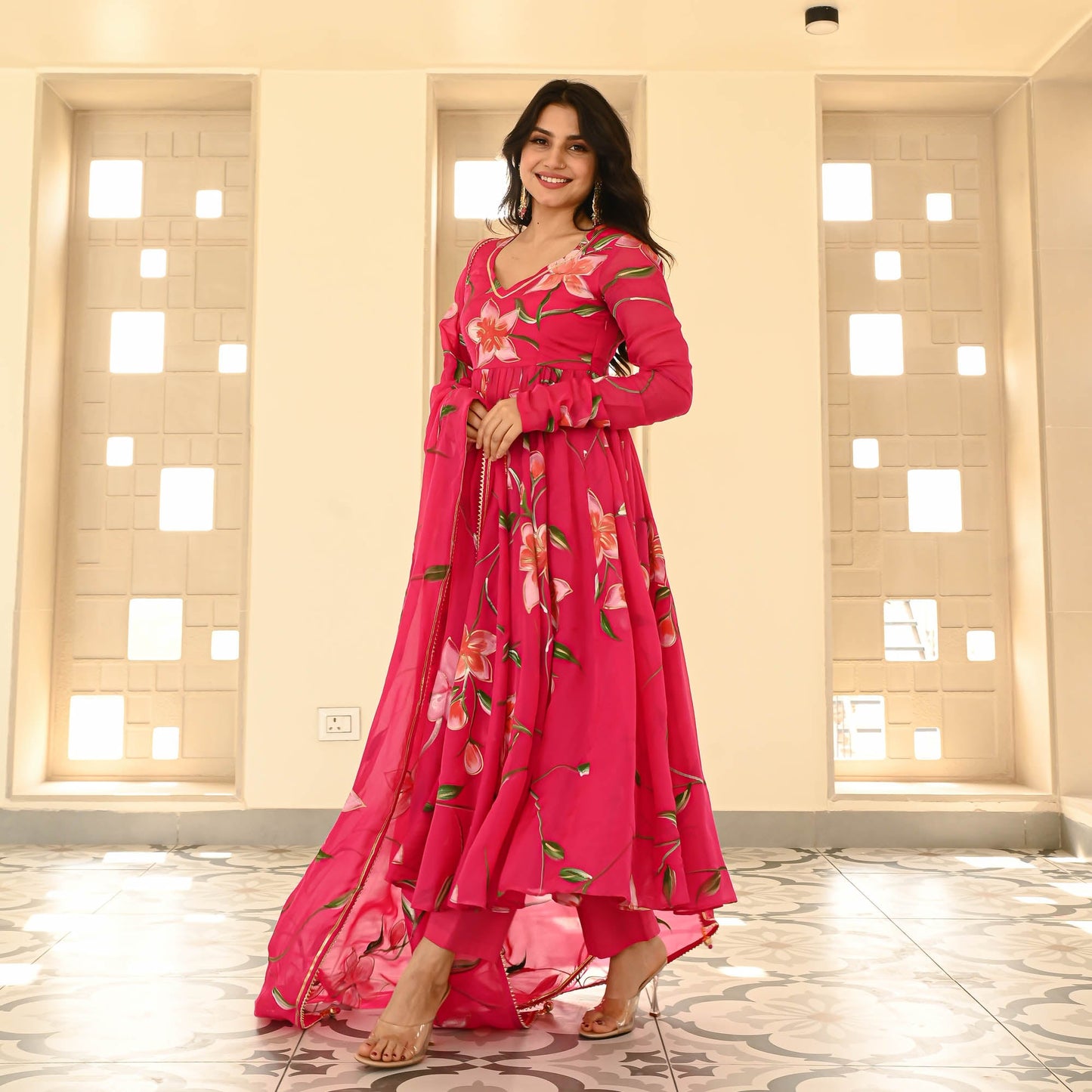 Sakhi Fashions Pink Organza Handpainted Suit Set