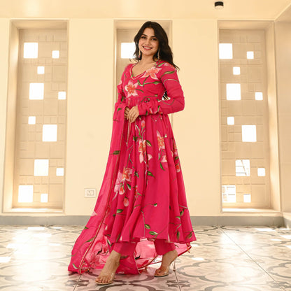 Sakhi Fashions Pink Organza Handpainted Suit Set