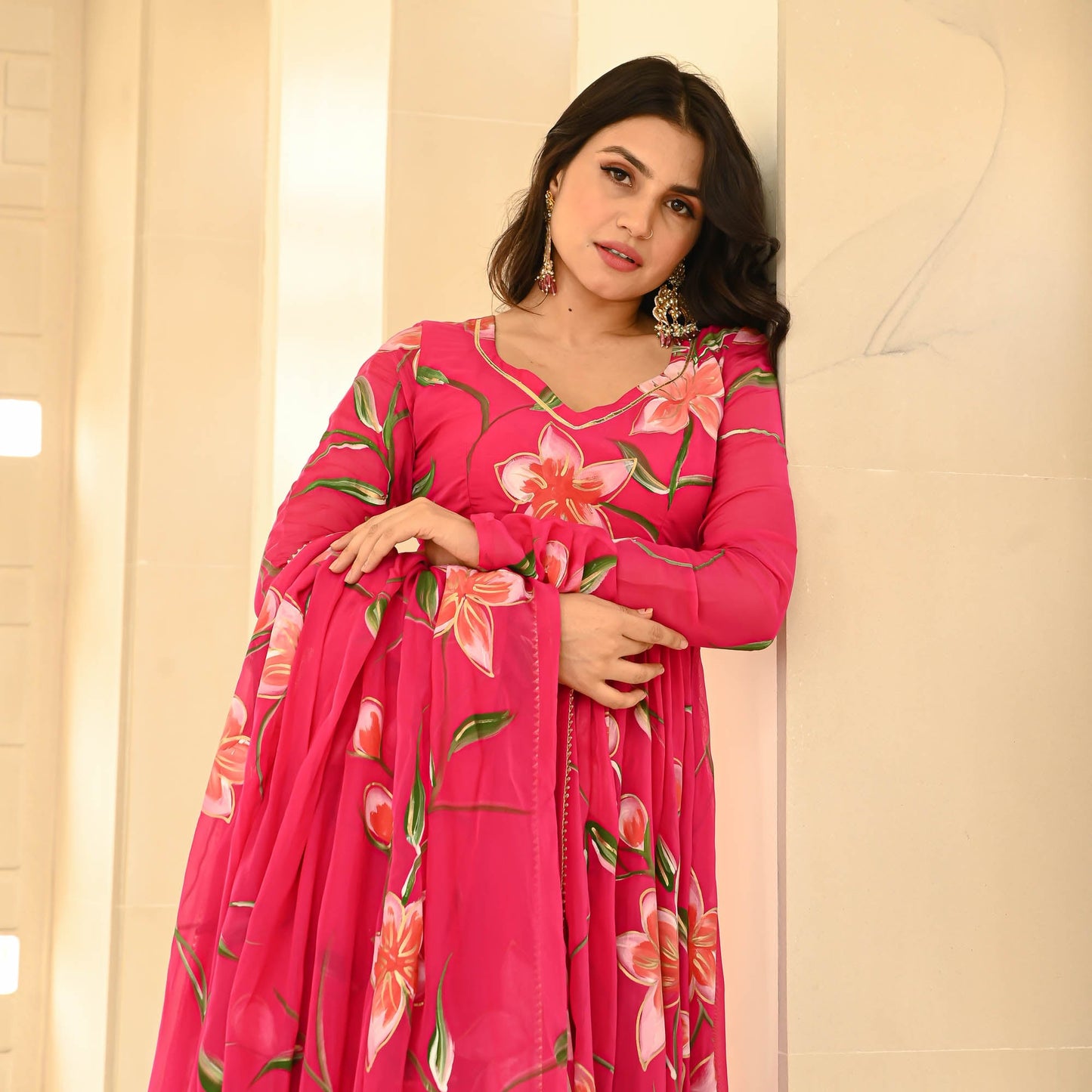 Sakhi Fashions Pink Organza Handpainted Suit Set