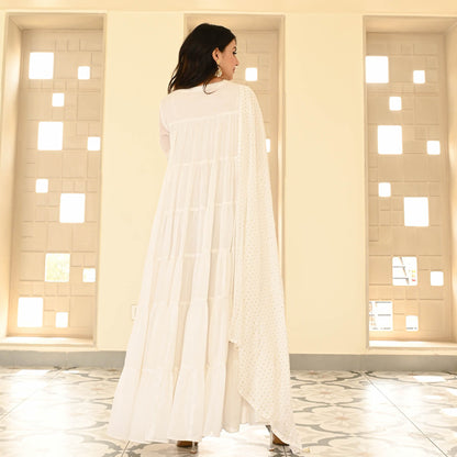 Sakhi Fashions White Mulmul Dress With Dupatta