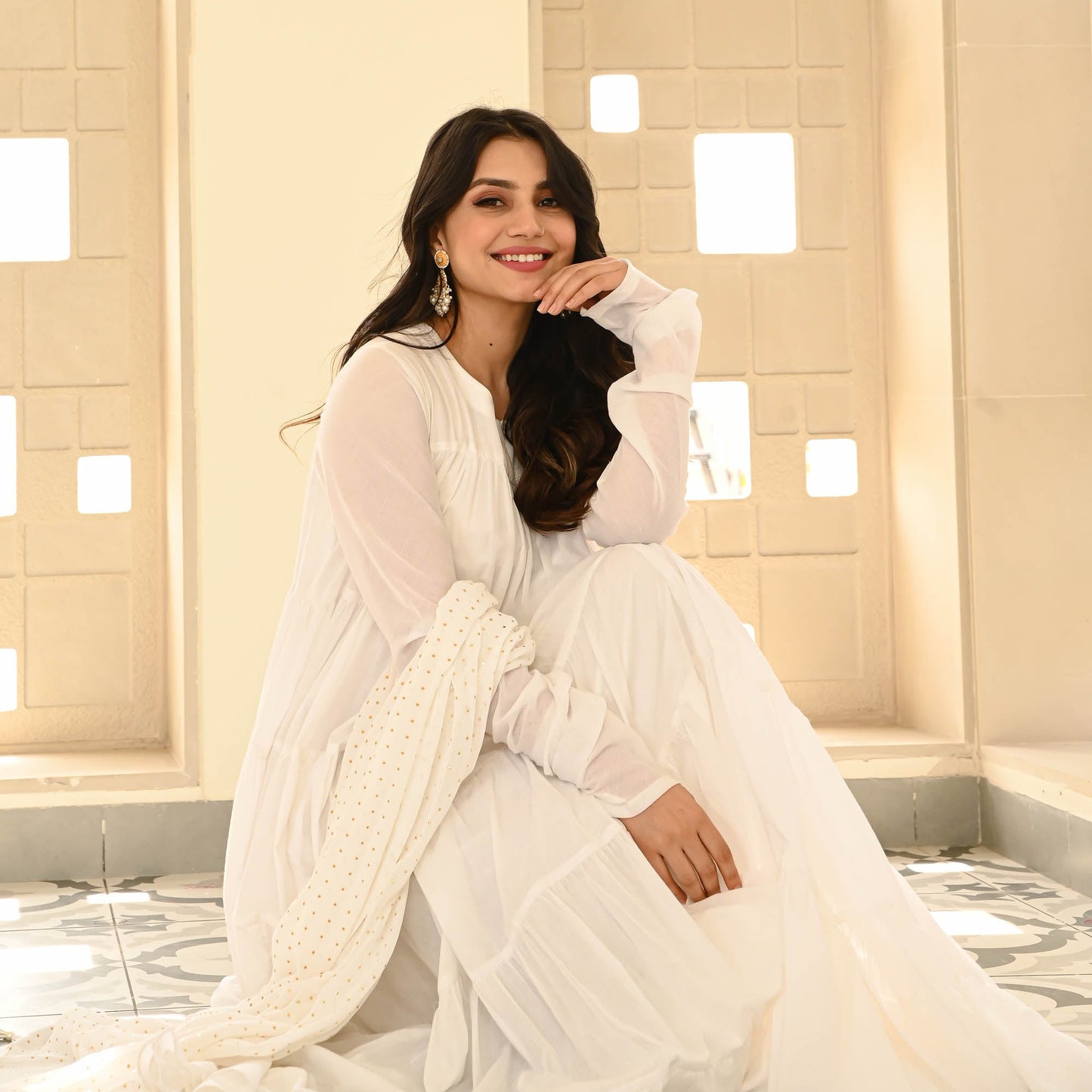 Sakhi Fashions White Mulmul Dress With Dupatta