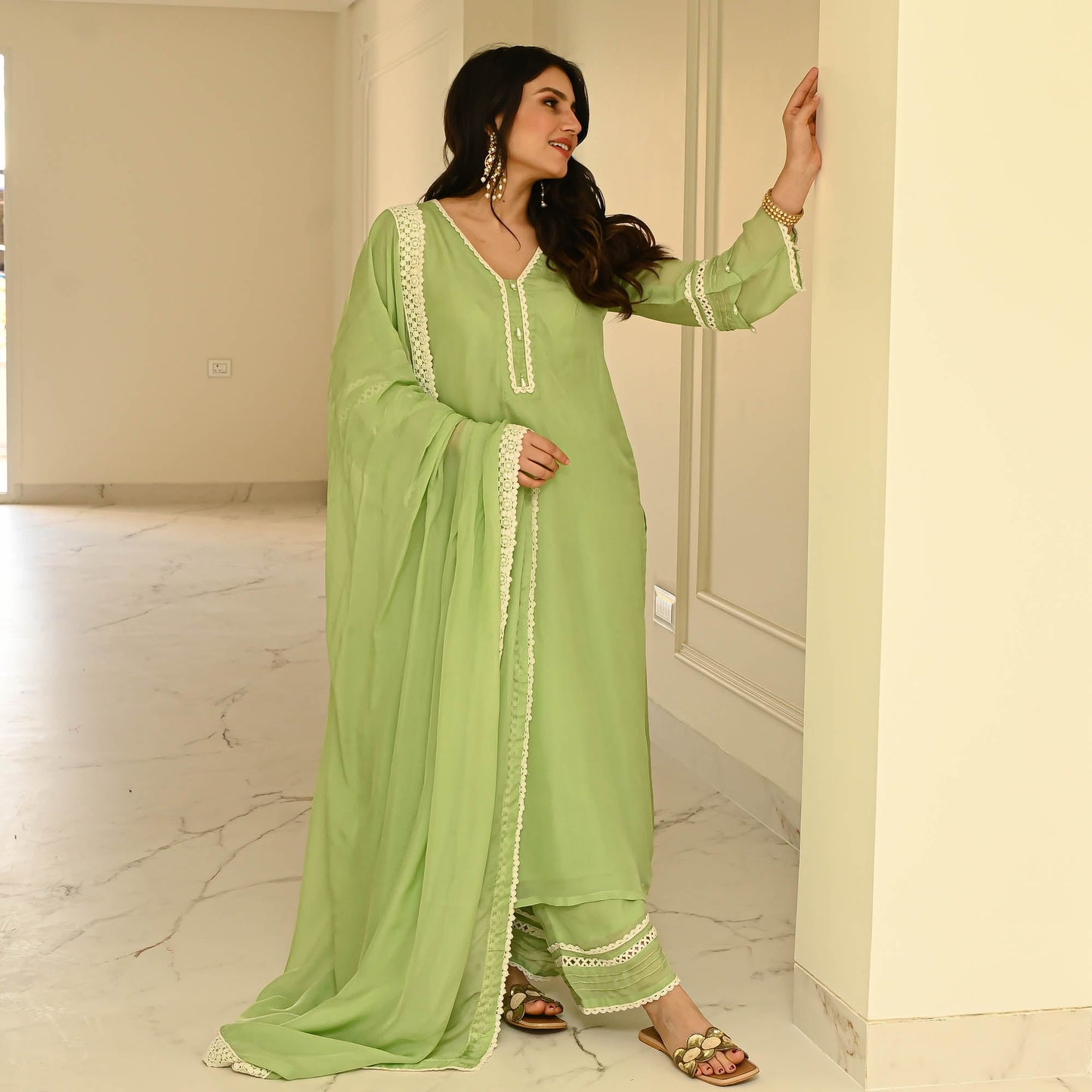 Sakhi Fashions Pastel Organza With Lace Suit Set