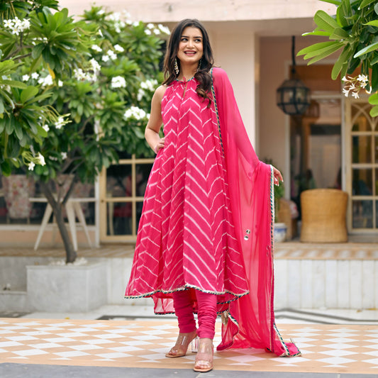 Sakhi Fashions Bright Pink Chiffon Leheriya Suit Set