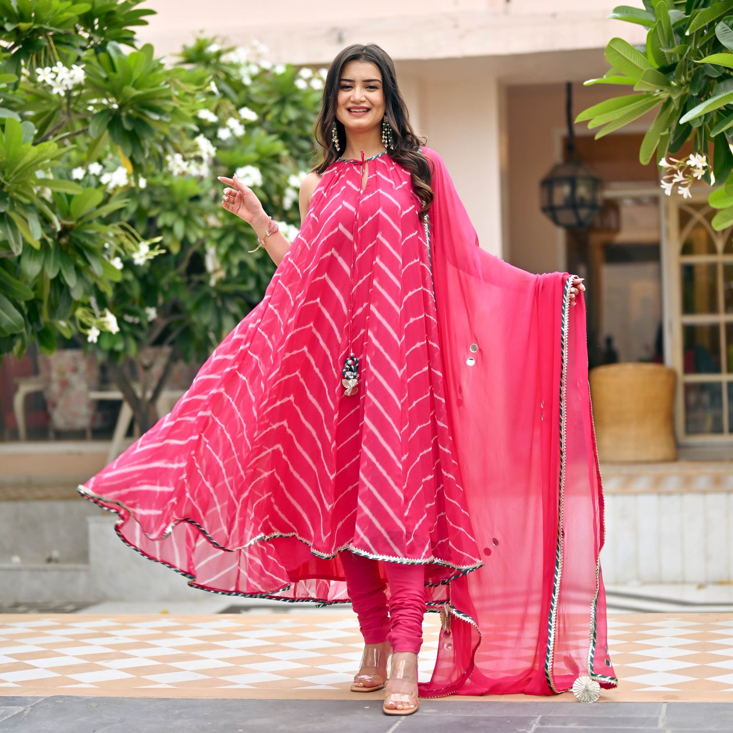 Sakhi Fashions Bright Pink Chiffon Leheriya Suit Set