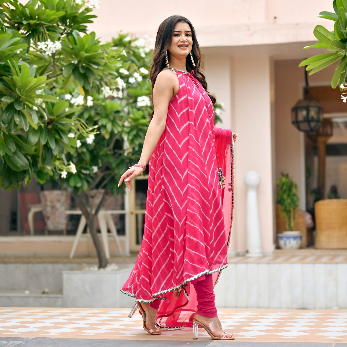 Sakhi Fashions Bright Pink Chiffon Leheriya Suit Set