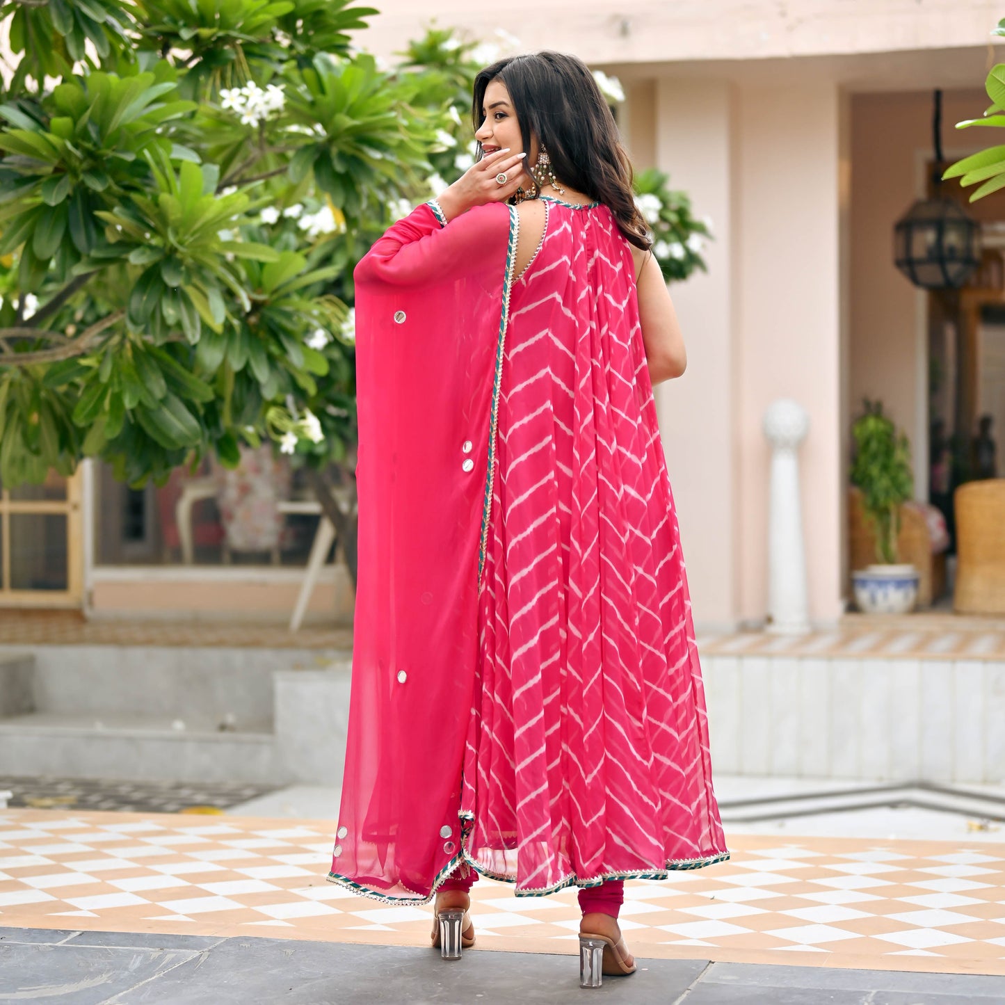 Sakhi Fashions Bright Pink Chiffon Leheriya Suit Set