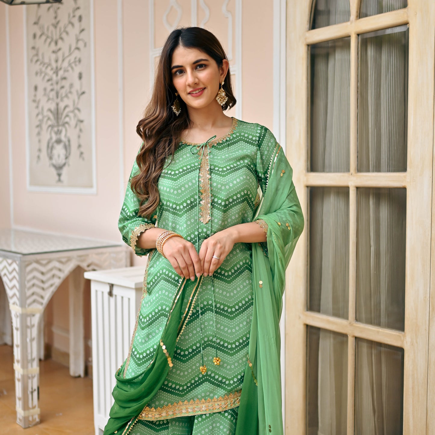 Sakhi Fashions Light Green Bandhej Suit Set