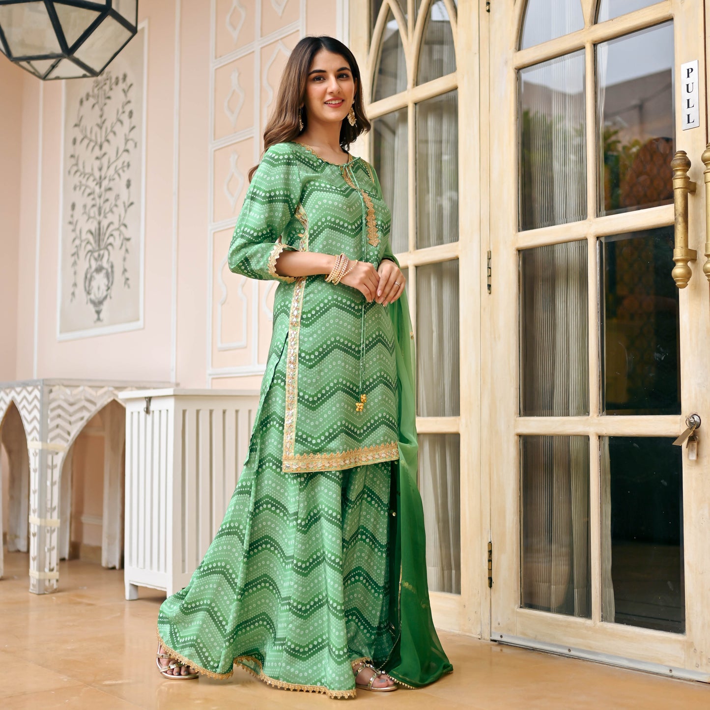 Sakhi Fashions Light Green Bandhej Suit Set