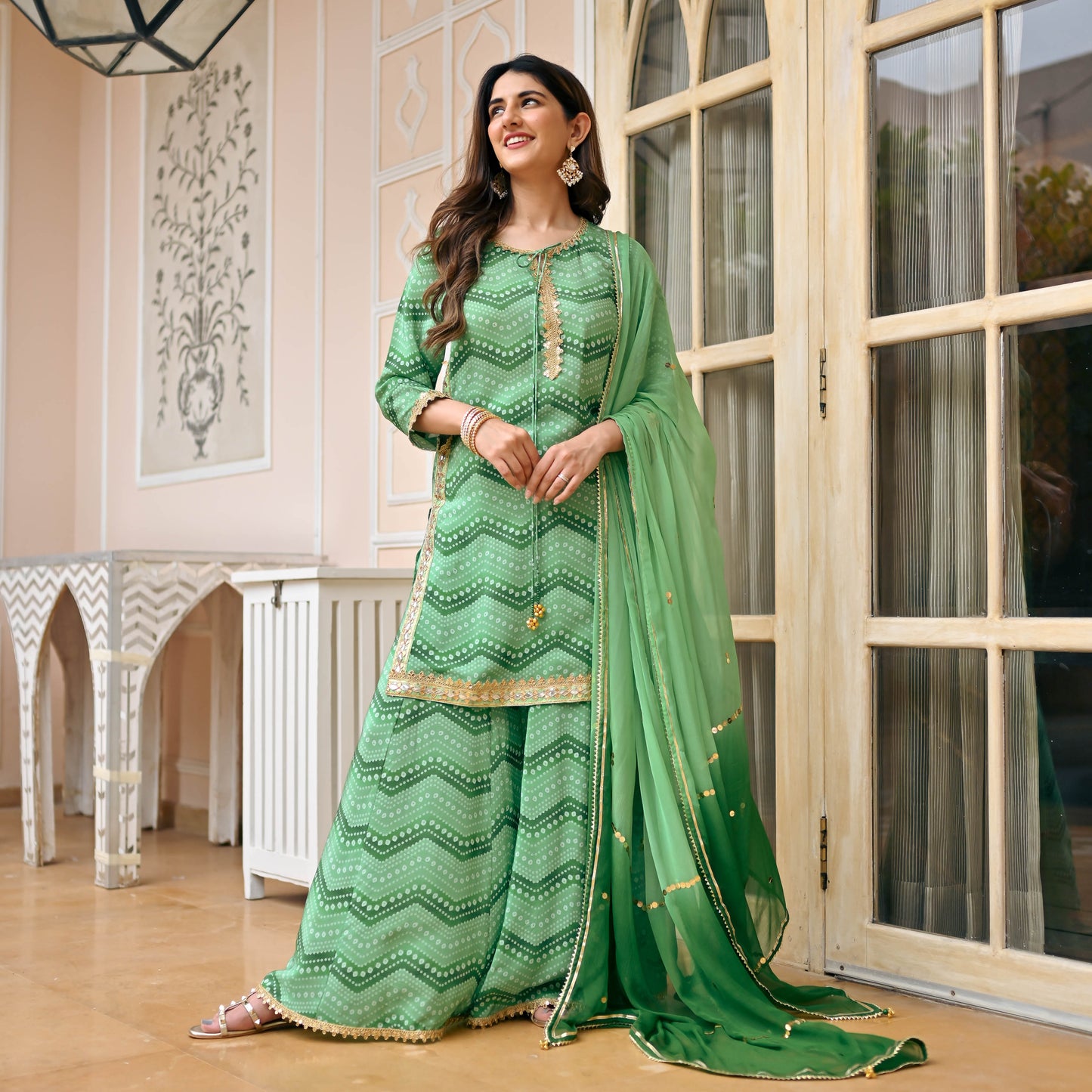 Sakhi Fashions Light Green Bandhej Suit Set
