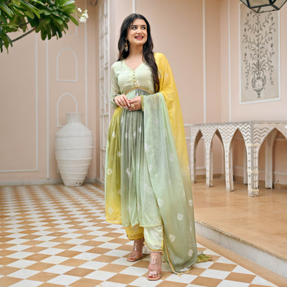 Sakhi Fashions Yellow Olive Bandhej Suit Set