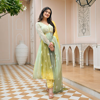 Sakhi Fashions Yellow Olive Bandhej Suit Set