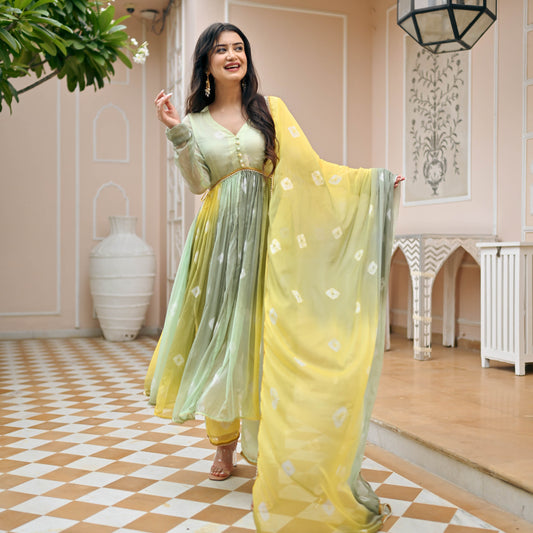 Sakhi Fashions Yellow Olive Bandhej Suit Set