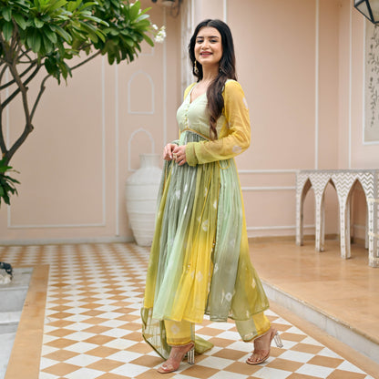 Sakhi Fashions Yellow Olive Bandhej Suit Set