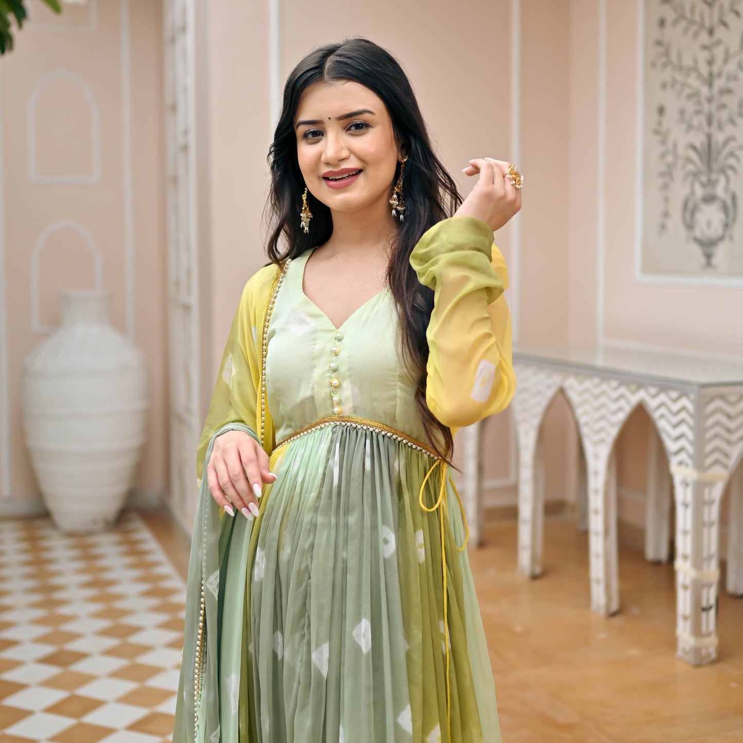 Sakhi Fashions Yellow Olive Bandhej Suit Set