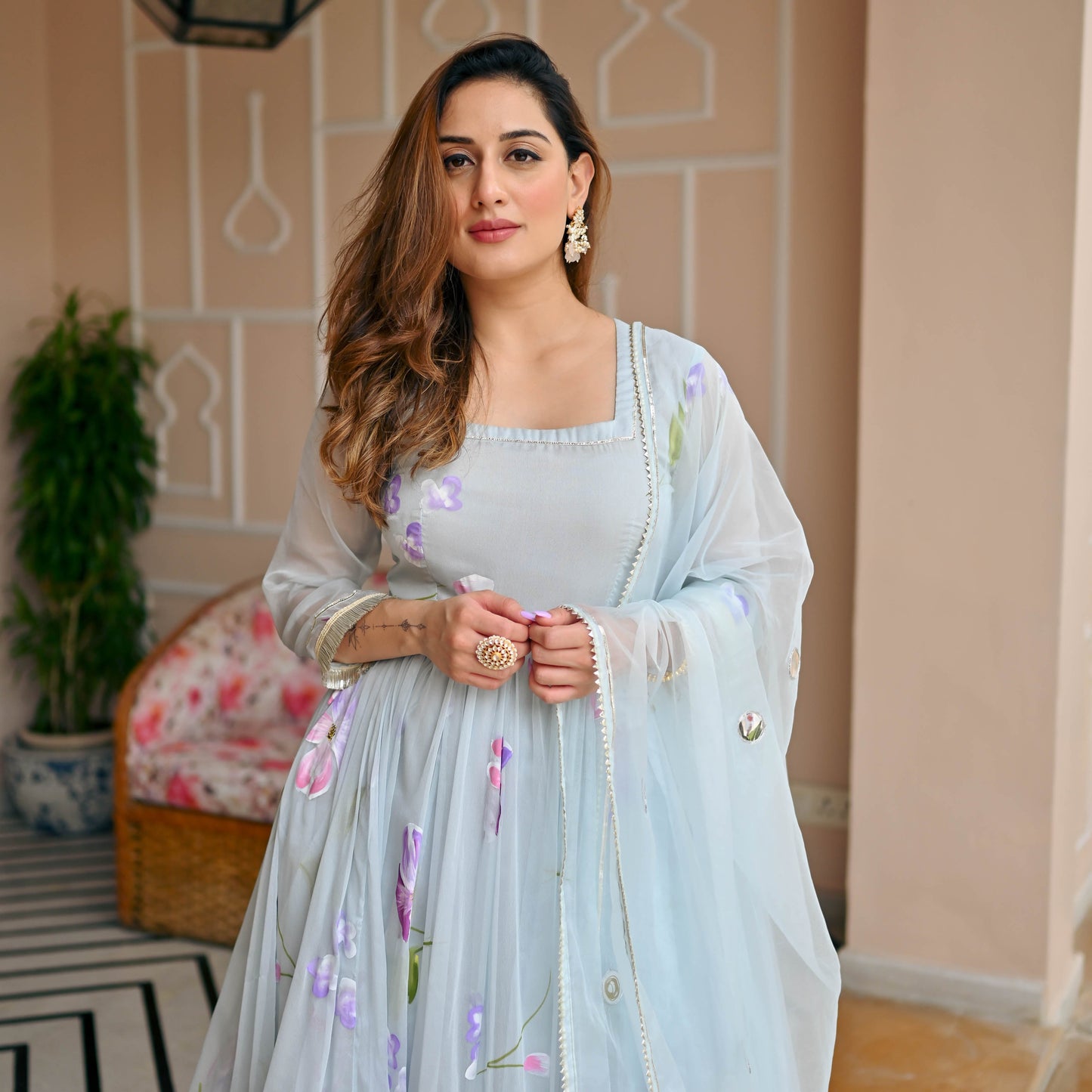 Sakhi Fashions Skylight Chiffon Handpainted Suit Set