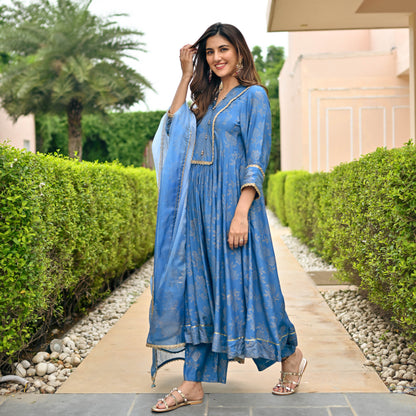 Sakhi Fashions Sapphire Gold Handblock Suit Set