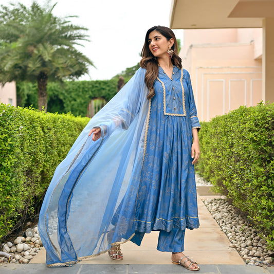 Sakhi Fashions Sapphire Gold Handblock Suit Set