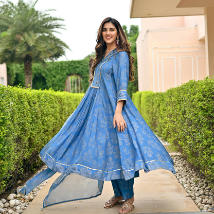 Sakhi Fashions Sapphire Gold Handblock Suit Set