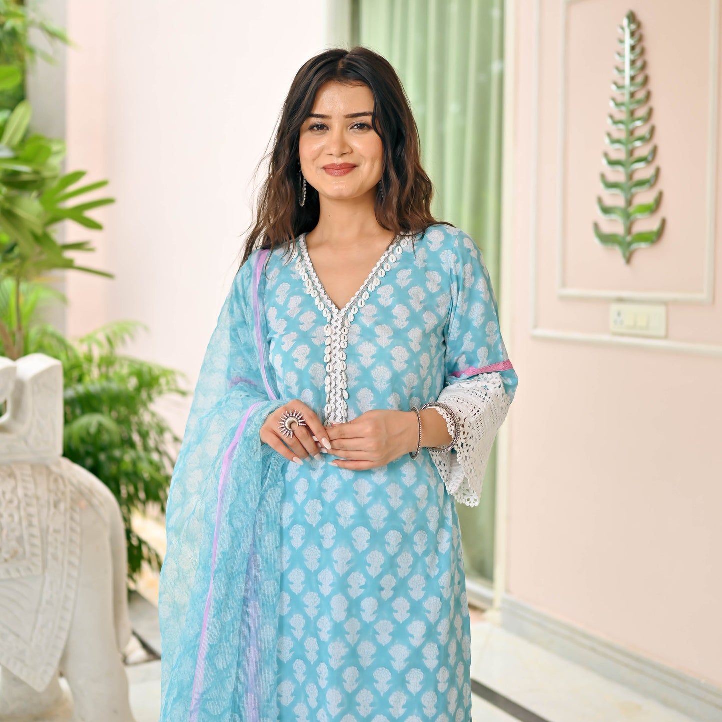 Sky Blue Handblock Printed Suit Set