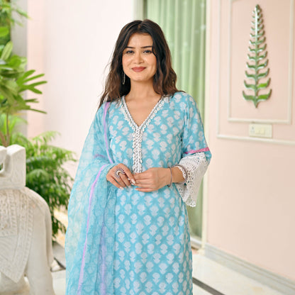 Sky Blue Handblock Printed Suit Set
