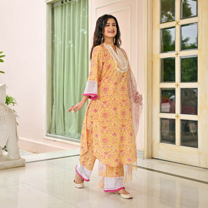 Yellow Pink Handblock Printed Suit Set