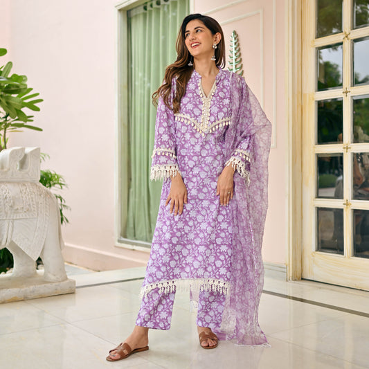 Sakhi Fashions Rust Purple Handblock Printed Suit Set