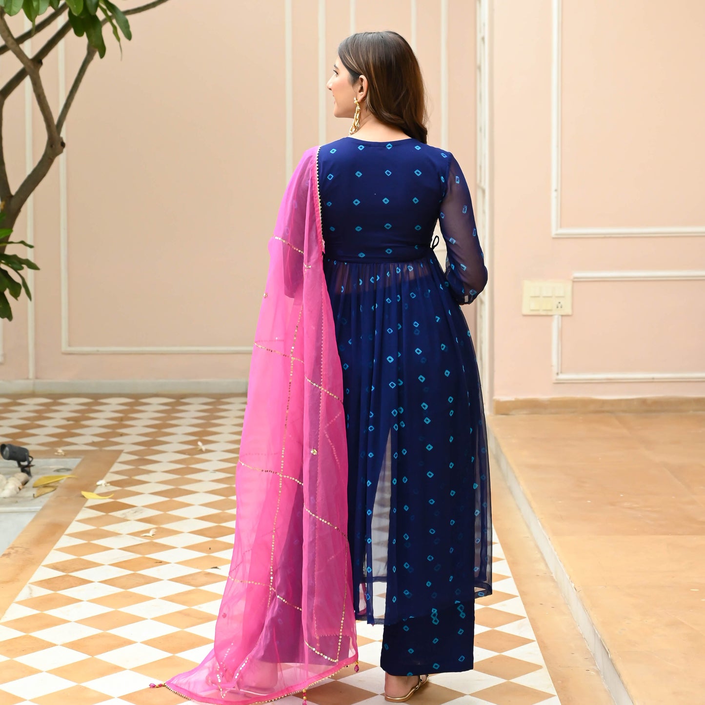 Sakhi Fashions Pink Blue Bandhej Suit Set