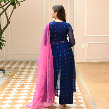 Sakhi Fashions Pink Blue Bandhej Suit Set
