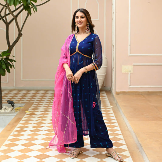 Sakhi Fashions Pink Blue Bandhej Suit Set