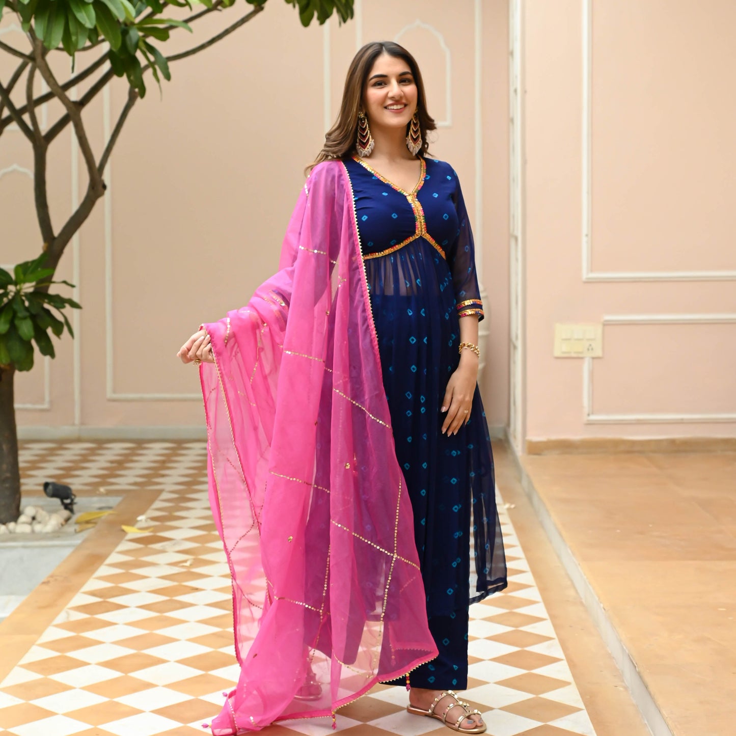 Sakhi Fashions Pink Blue Bandhej Suit Set