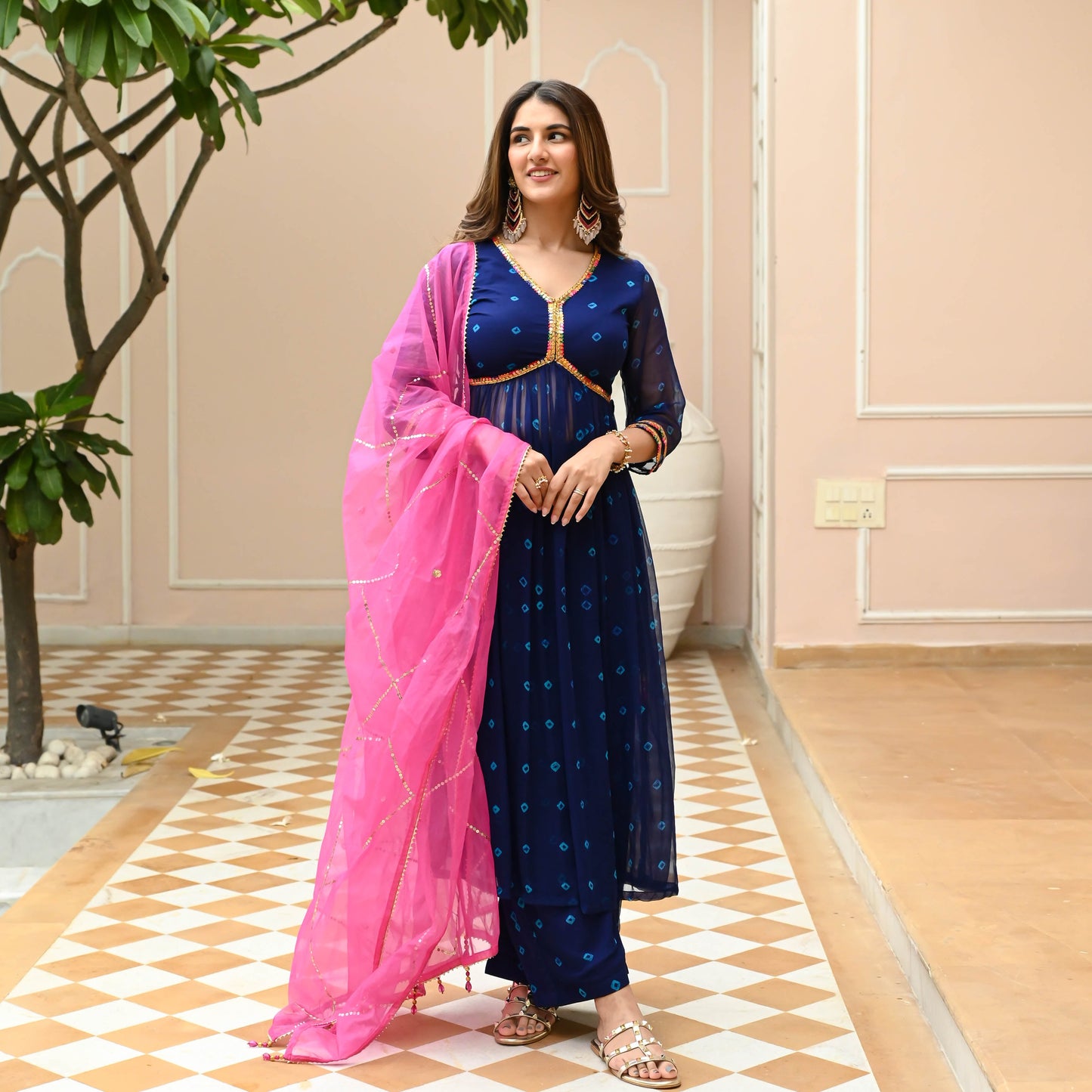 Sakhi Fashions Pink Blue Bandhej Suit Set