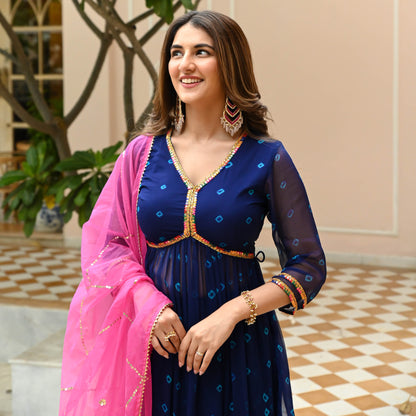 Sakhi Fashions Pink Blue Bandhej Suit Set