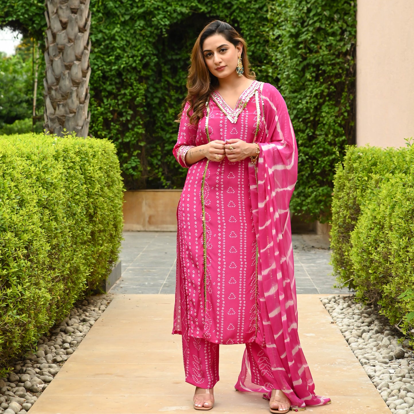 Hot Pink Bandhej Print Suit Set