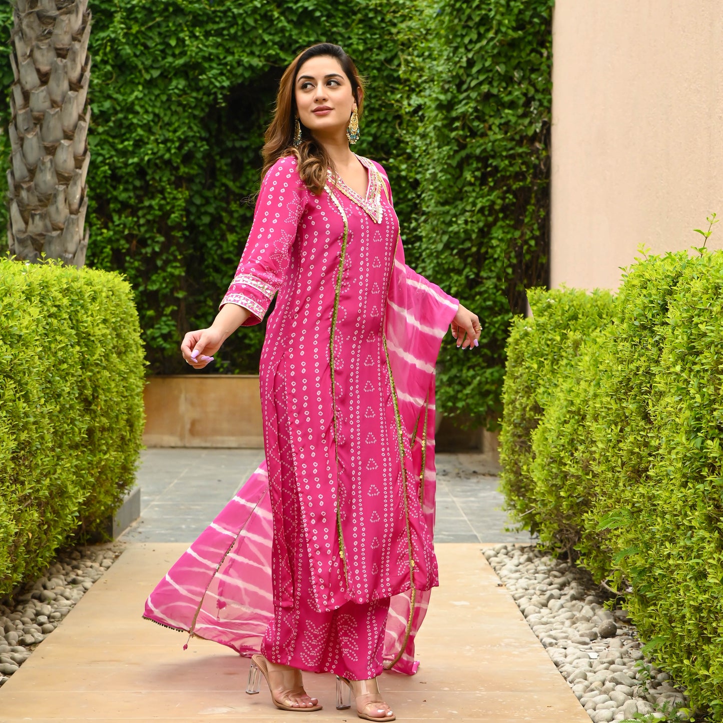 Hot Pink Bandhej Print Suit Set