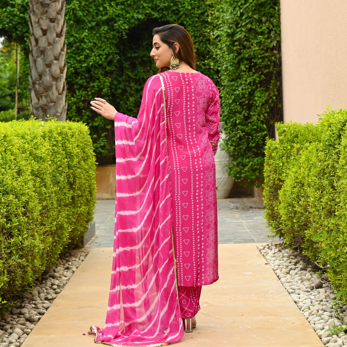 Hot Pink Bandhej Print Suit Set