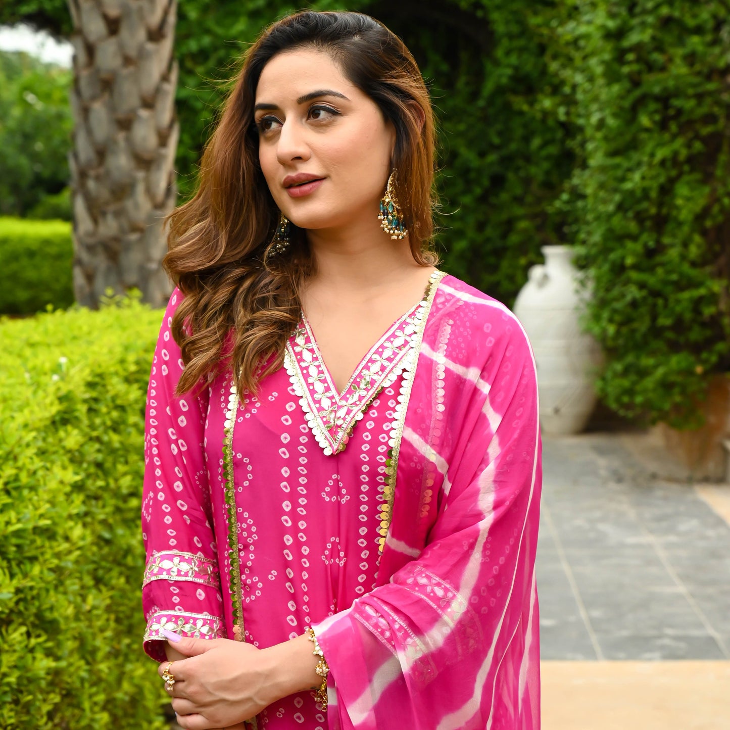 Hot Pink Bandhej Print Suit Set