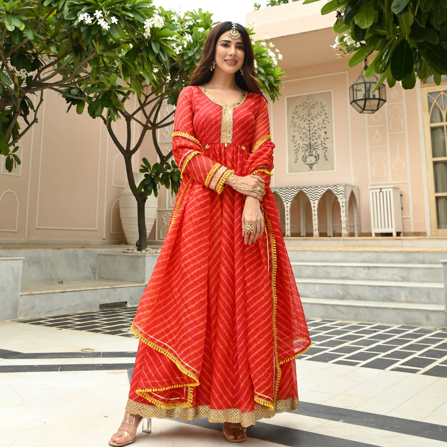 Sakhi Fashions Red Leheriya Dress with Dupatta