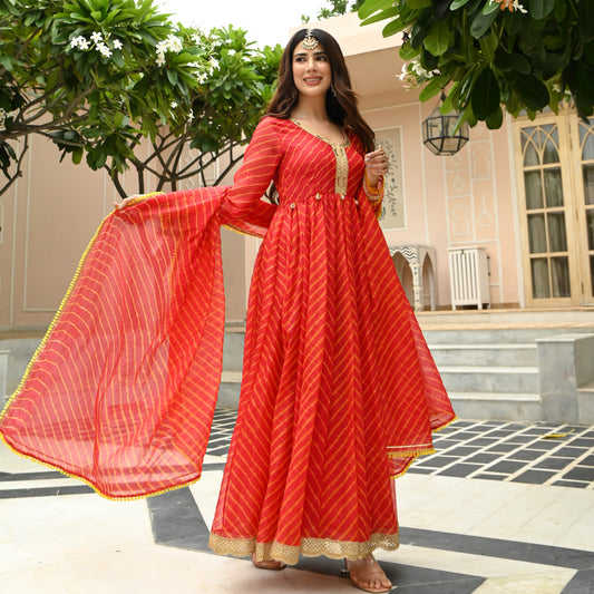 Sakhi Fashions Red Leheriya Dress with Dupatta