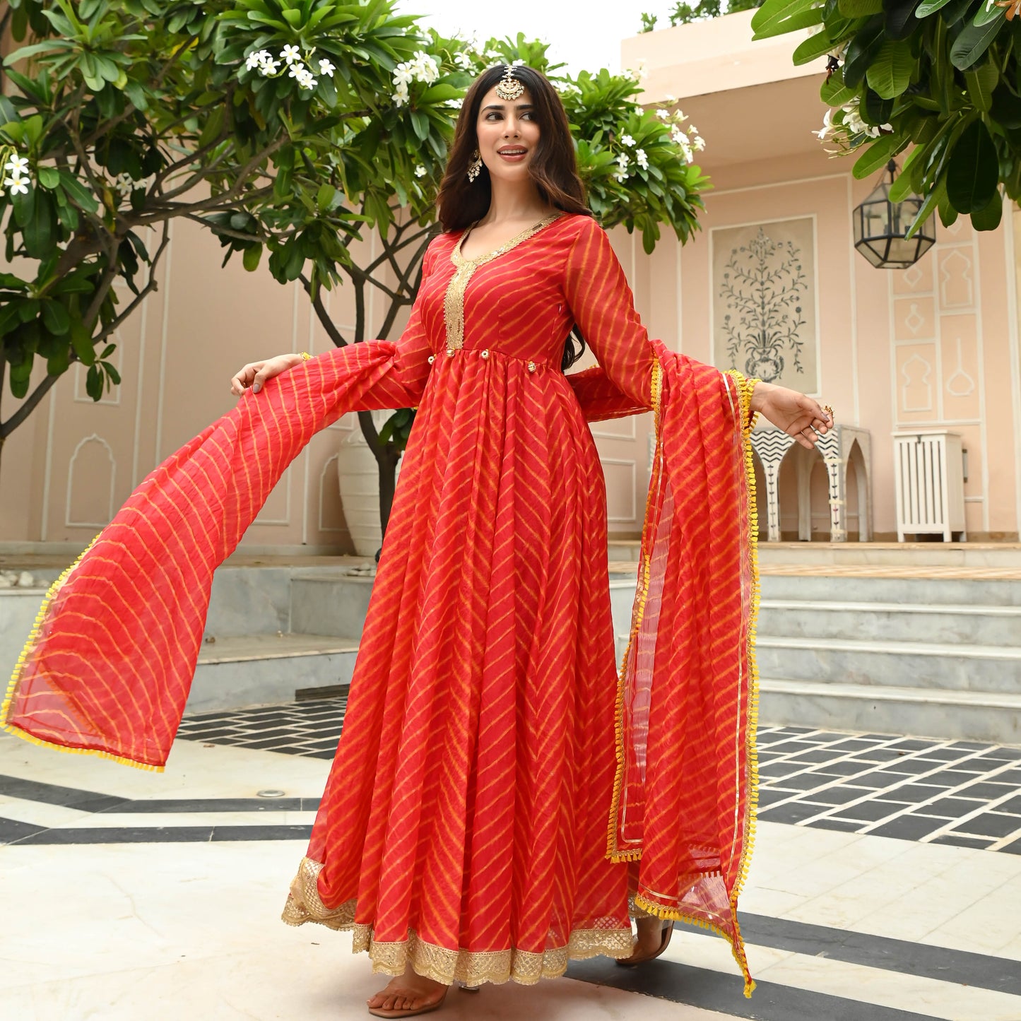 Sakhi Fashions Red Leheriya Dress with Dupatta