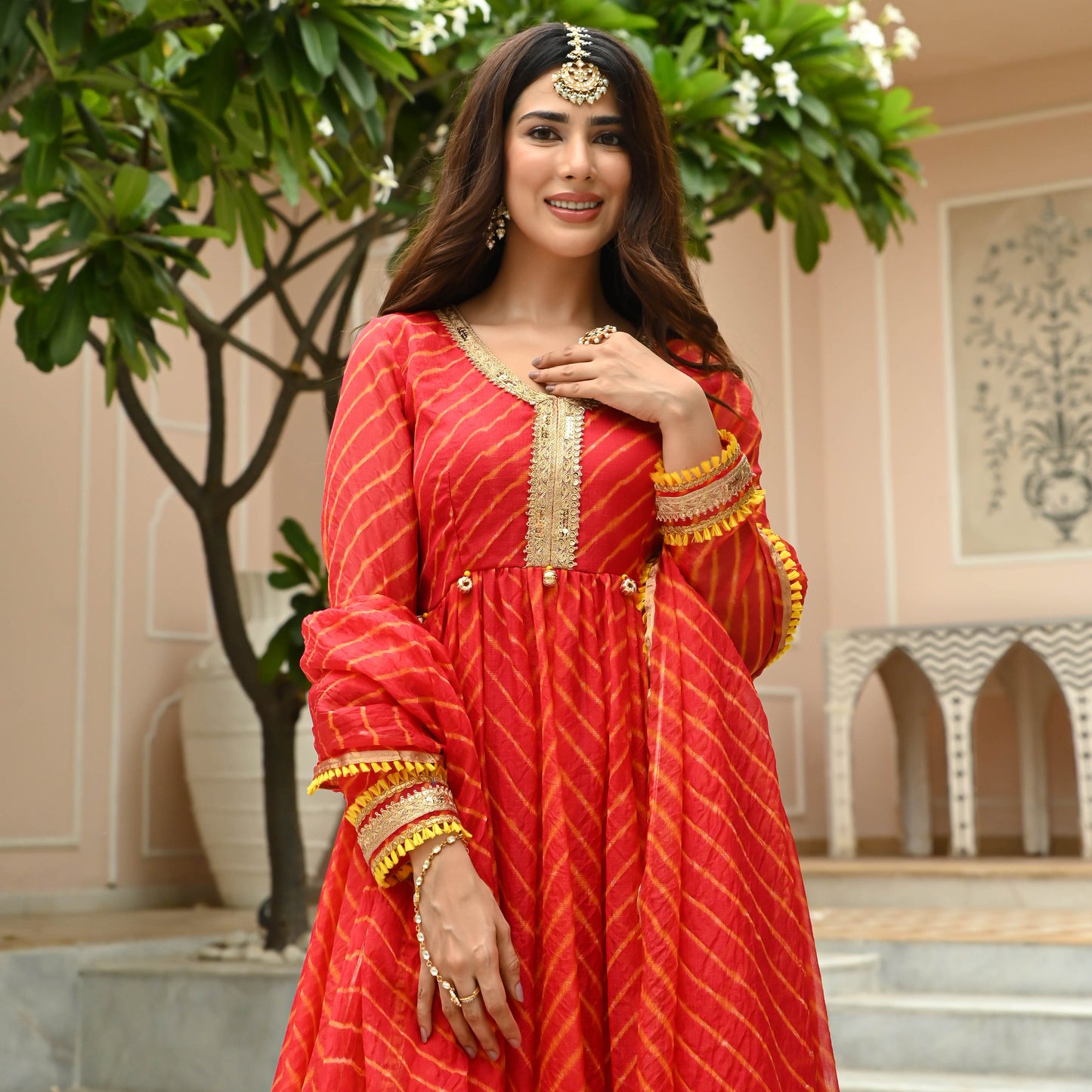 Sakhi Fashions Red Leheriya Dress with Dupatta