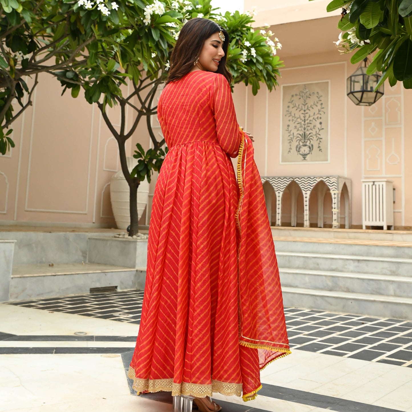 Sakhi Fashions Red Leheriya Dress with Dupatta