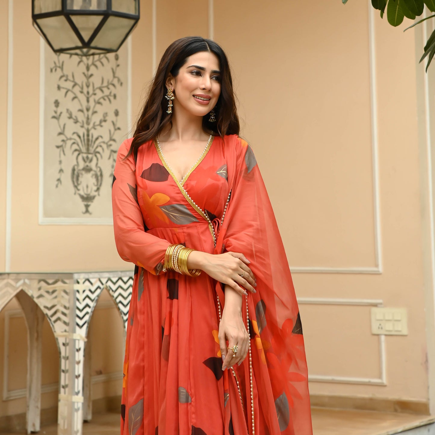 Sakhi Fashions Tangerine Handpainted Suit Set