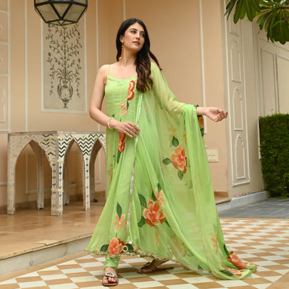 Sakhi Fashions Kiwi Green Handpainted Suit Set