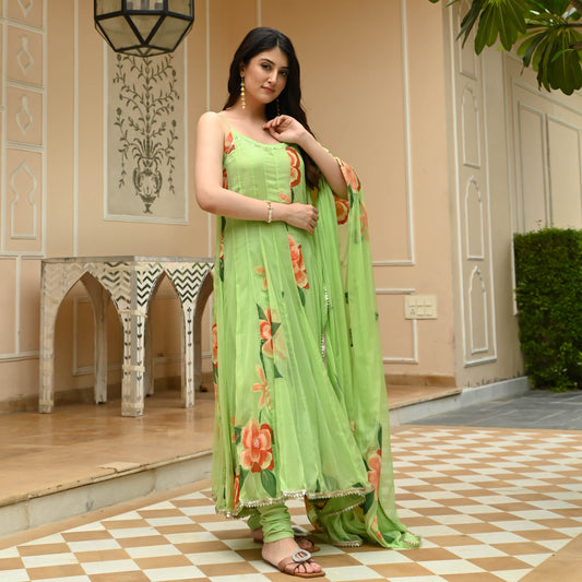 Sakhi Fashions Kiwi Green Handpainted Suit Set