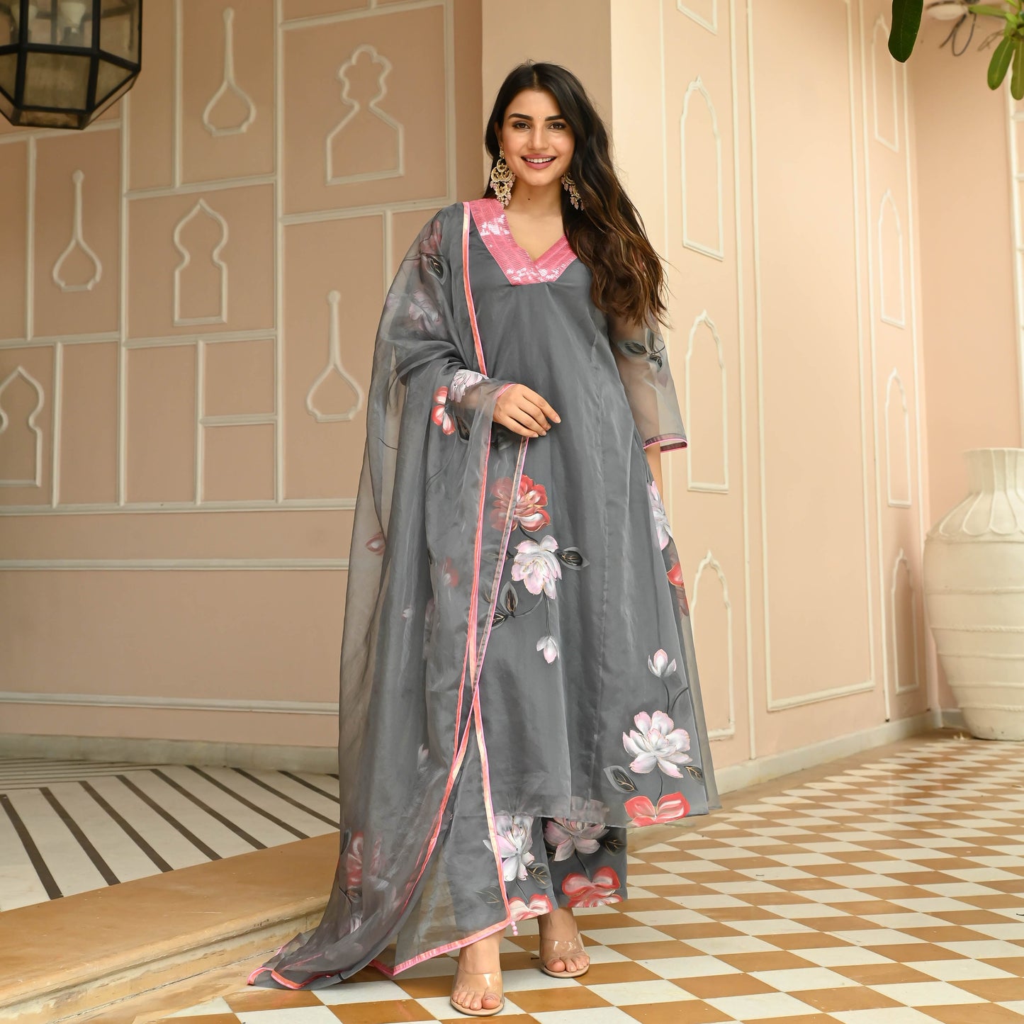 Sakhi Fashions Floral Grey Handpainted Suit Set