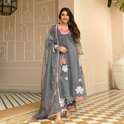 Sakhi Fashions Floral Grey Handpainted Suit Set