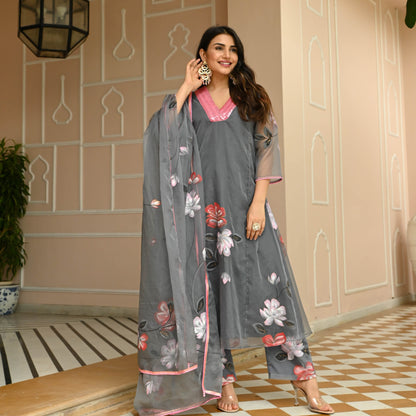 Sakhi Fashions Floral Grey Handpainted Suit Set