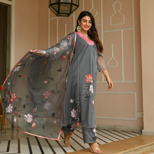 Sakhi Fashions Floral Grey Handpainted Suit Set
