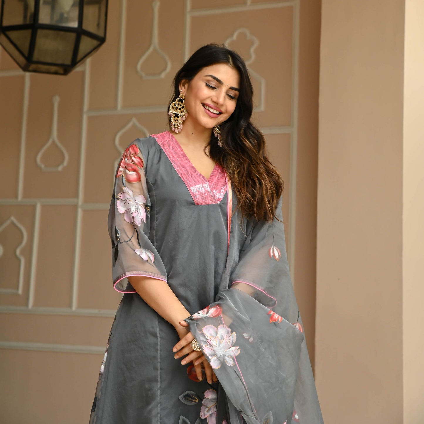 Sakhi Fashions Floral Grey Handpainted Suit Set